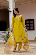 The52 Yellow Women's Gorgeous Embroidered work Viscose Gadhwal Fabric Straight Kurta, Pant and Dupatta Set - Distacart