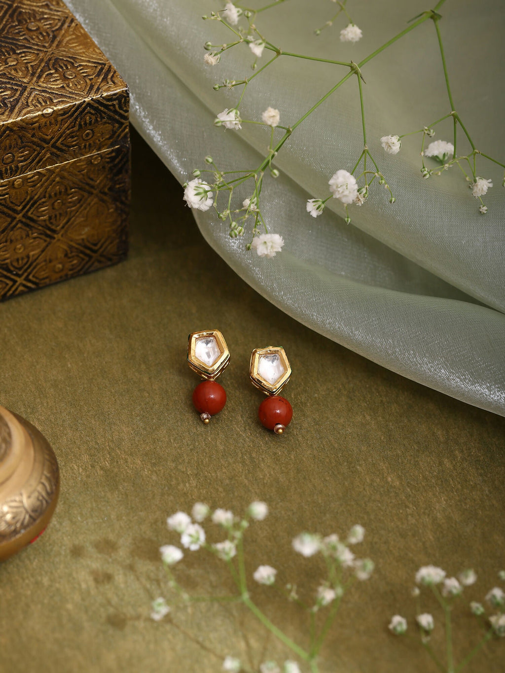 Ruby Raang Red Jasper Kundan Earrings - Distacart