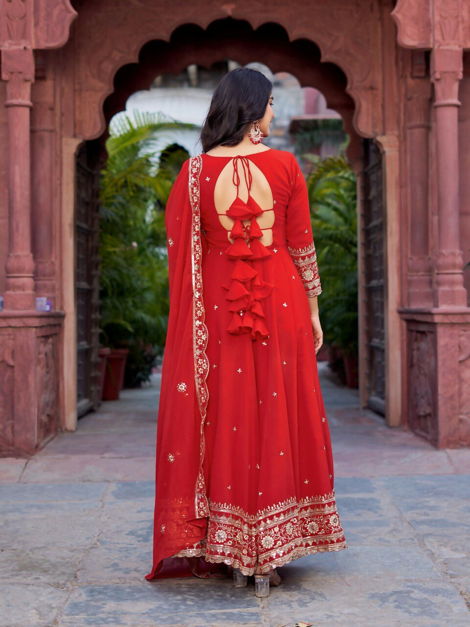 The52 Women's Beautiful Faux Georgette Fabric Embroidery Work Flared Anarkali Pant and Dupatta Set - Distacart