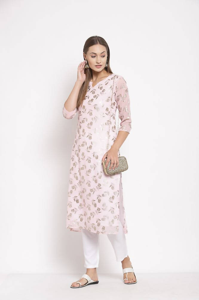 Myshka Women's Multi Georgette Printed 3/4 Sleeve Round Neck Casual Kurta