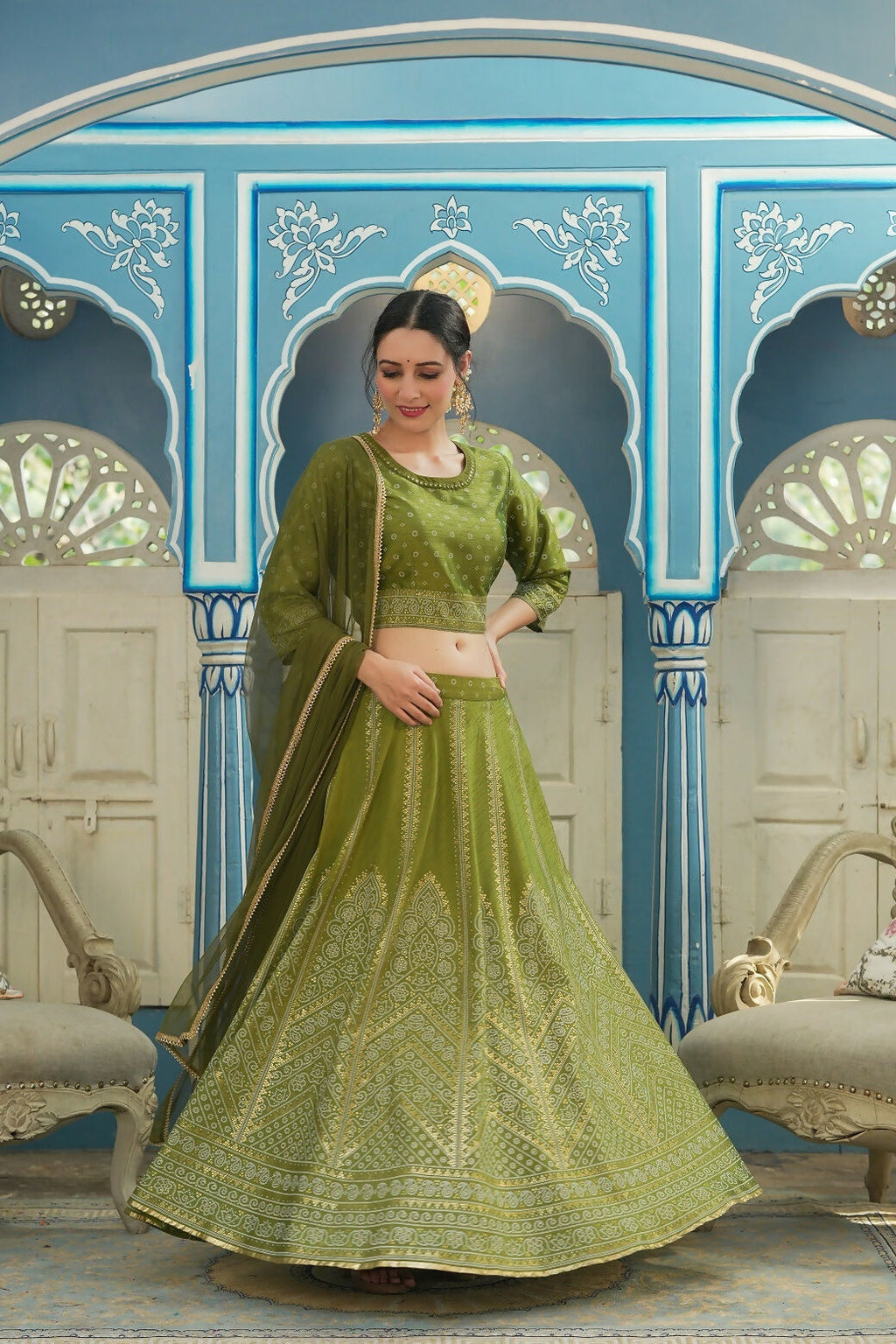 Juniper Green Bandhani Printed Shantoon Slub Lehenga Choli & Net Dupatta Set.