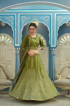 Juniper Green Bandhani Printed Shantoon Slub Lehenga Choli & Net Dupatta Set.