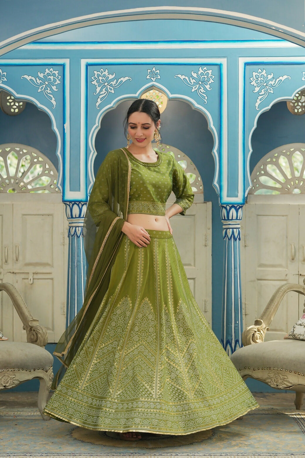 Juniper Green Bandhani Printed Shantoon Slub Lehenga Choli & Net Dupatta Set.