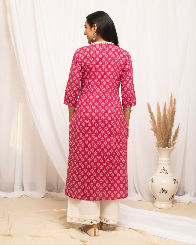 FIORRA Women's Floral Printed Pink Cotton Straight Kurta