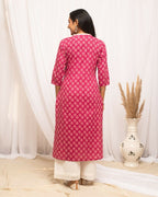 FIORRA Women's Floral Printed Pink Cotton Straight Kurta