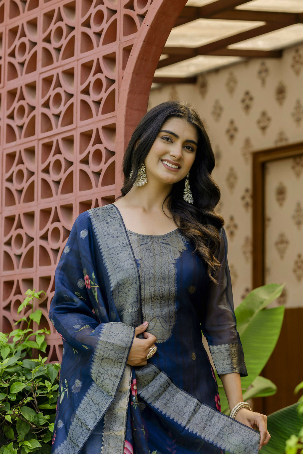 The52 Women's Beautiful Printed Work Jacquard Organza Fabric Straight Kurta Pant and Dupatta Set - Distacart