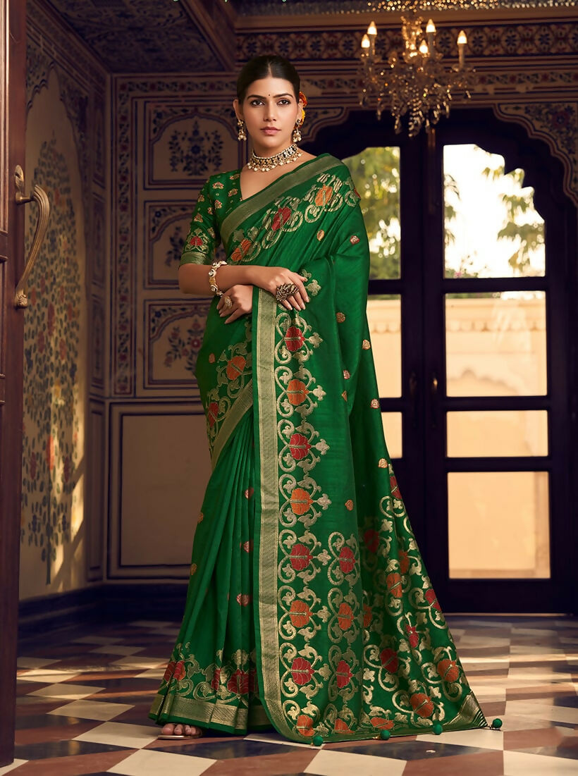 Monjolika Fashion Dark Green Silk Blend Banarasi Zari Work Classic Saree - Distacart