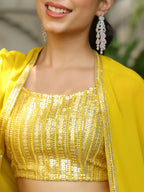 Janasya Yellow Georgette Sequined Top Bottom Cape