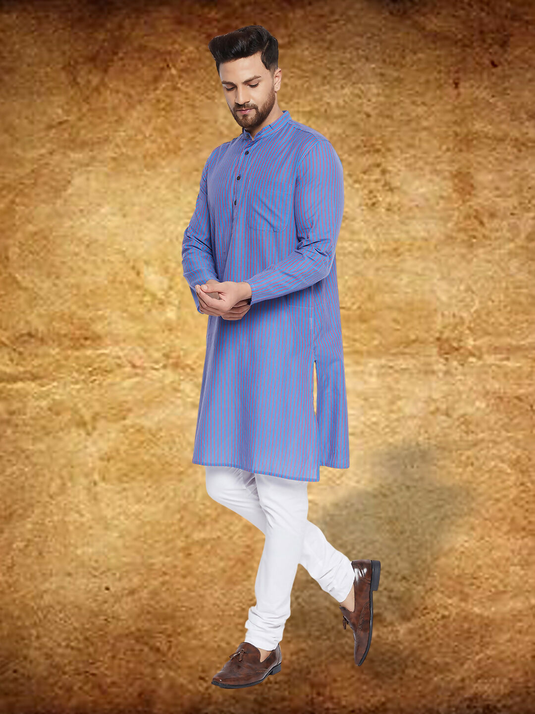Even Apparels Men's Pure Cotton Blue Striped Kurta