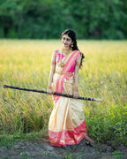 DEIANA'S Beautiful Designer Golden zari Soft Lichi Silk Saree - White