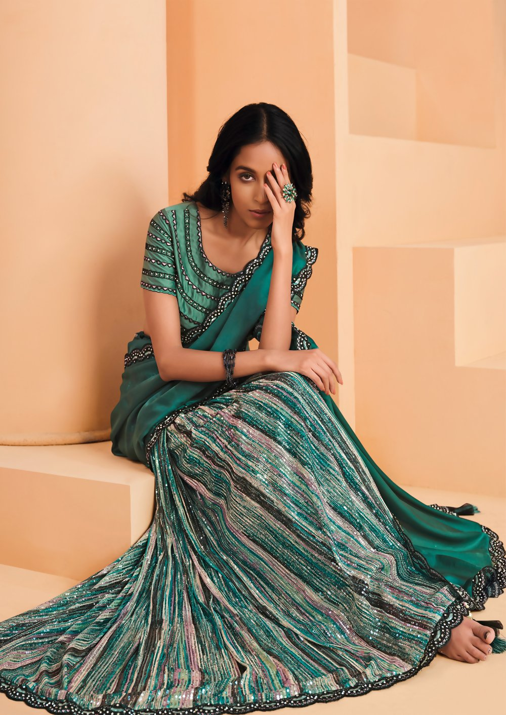Sea Green Satin Crepe Silk Embroidery with Digital Sequence Work Saree - Norita Helly
