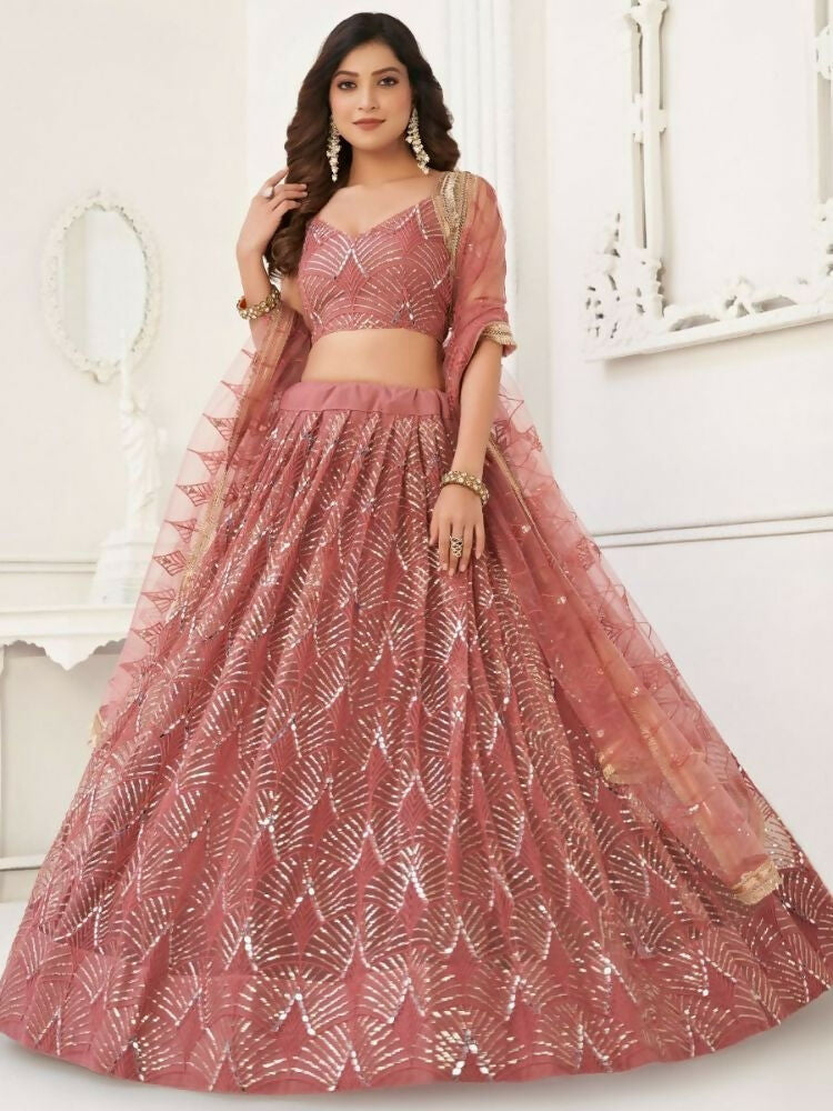 Pink Butterfly Soft Net Embroidery With Real Mirror Work Lehenga Choli - Jihu Culture