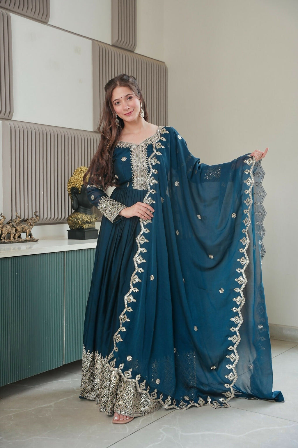 Teeya Creation Teal Color Heavy Crush Silk Wedding Wear Embroidery Work Long Gown - Distacart