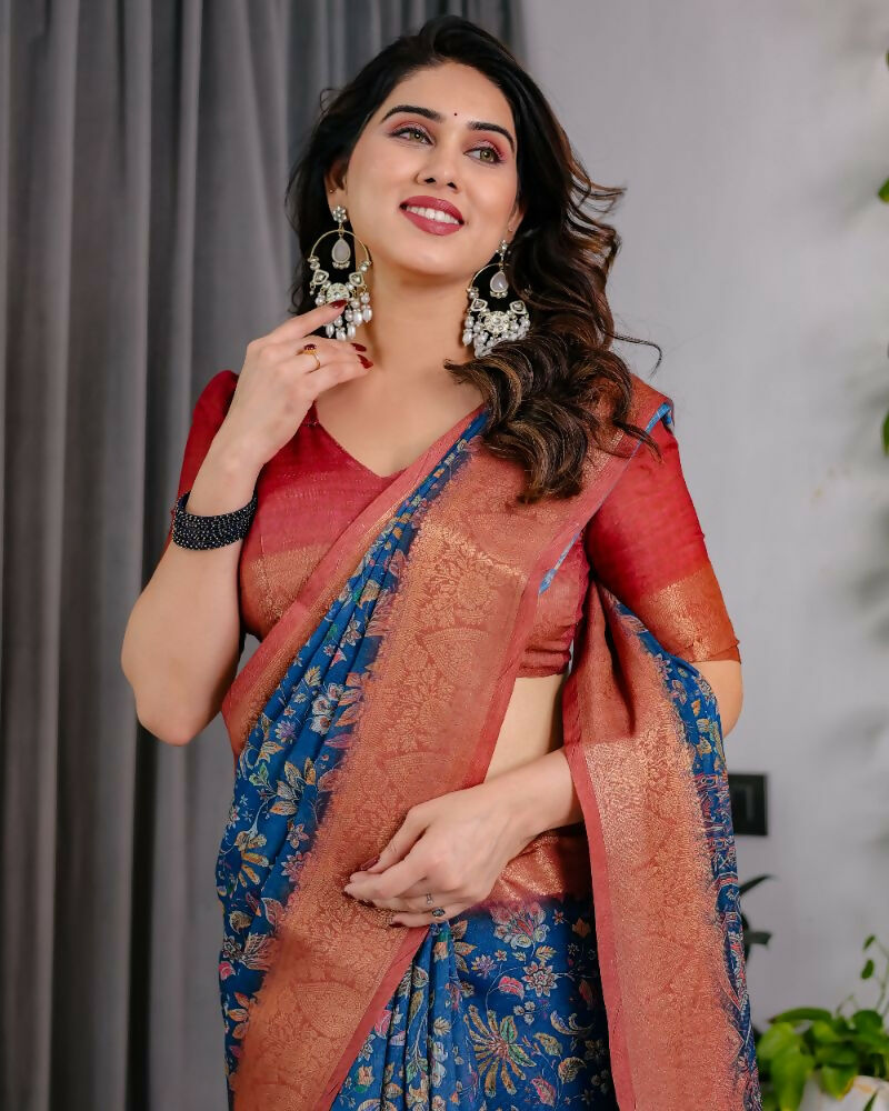PR Fashion Blue Pure Handloom Linen Saree