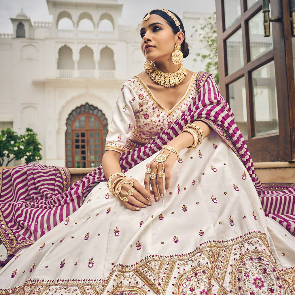 White Heavy Viscose Khatli, Embroidery & Mirror Work Unstitched Lehenga Choli - Sisha Keshav