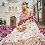 White Heavy Viscose Khatli, Embroidery & Mirror Work Unstitched Lehenga Choli - Sisha Keshav