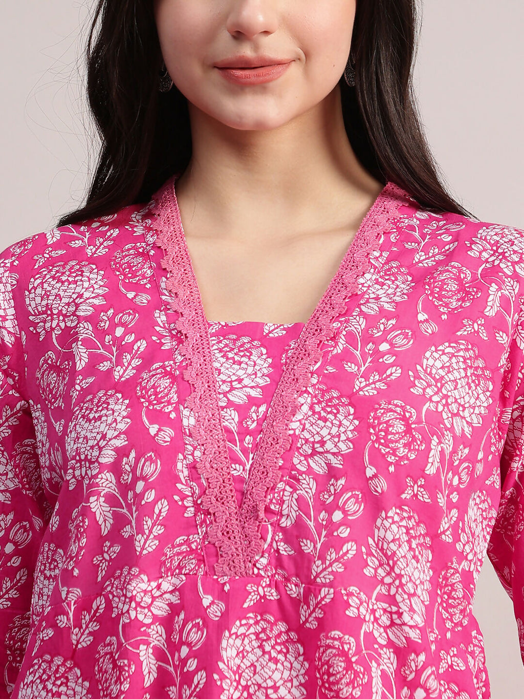 Aavyora Women's Pink Floral Print Cotton A-Line Kurta with Striped Trouser & Dupatta