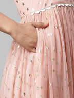 Ahalyaa Women Pink Net Gold Foil Print Dress - Distacart