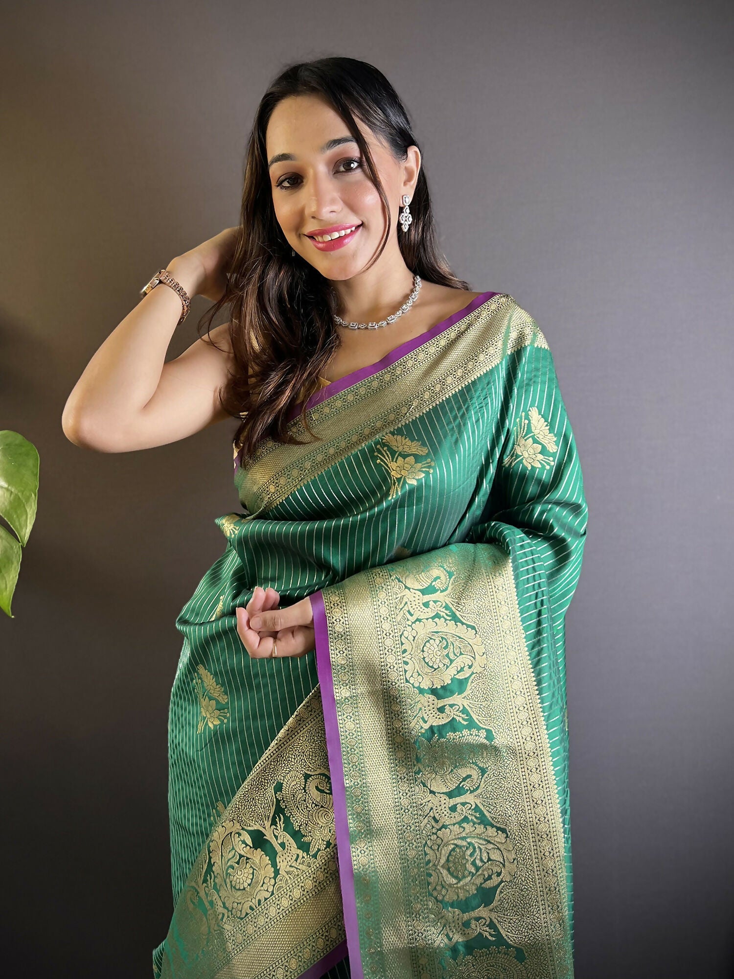 Joban Fashion Green Striped With Floral Motifs Soft Silk Leheriya Saree