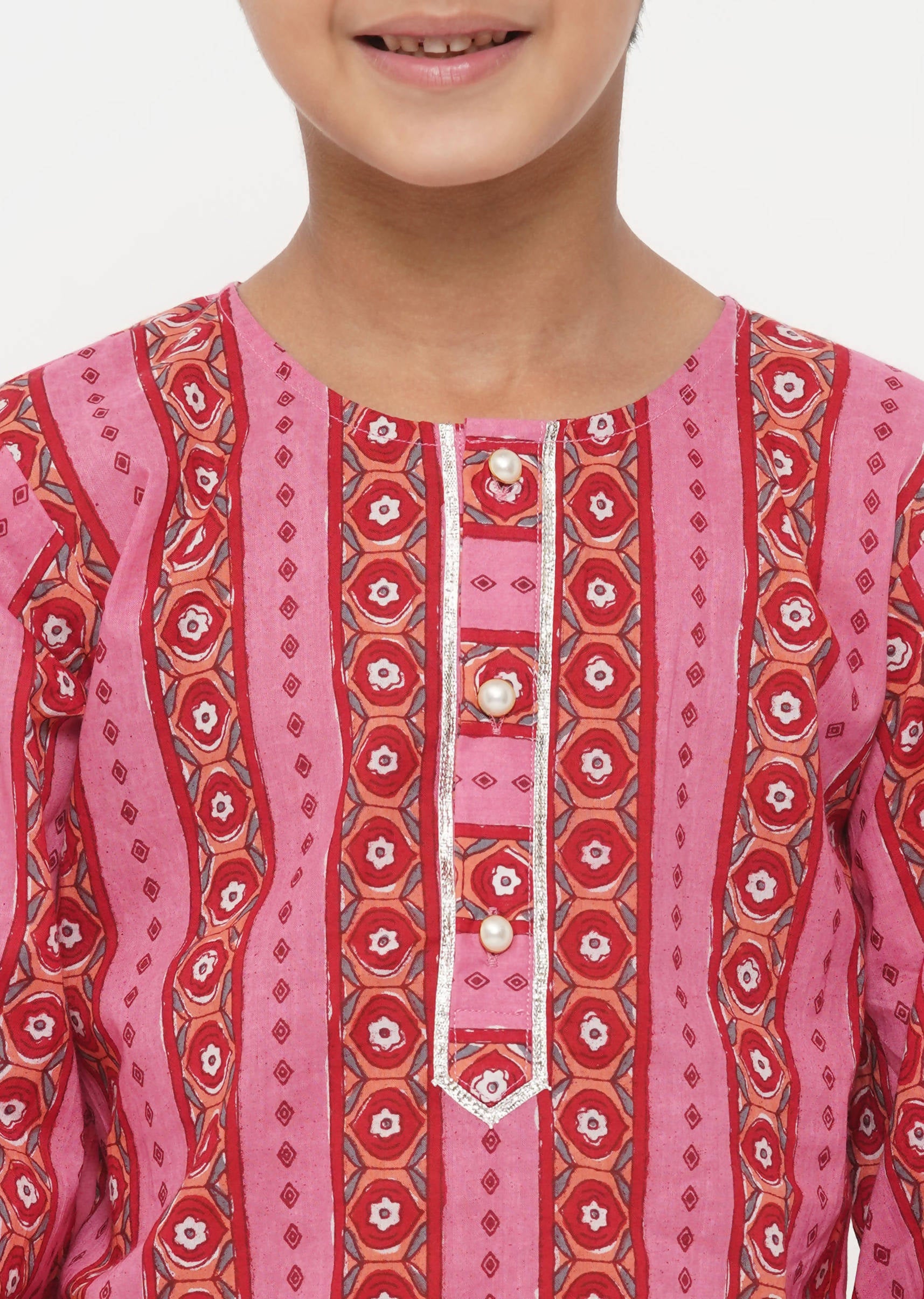 Little Bansi Boys Cotton Striped Kurta with Pearl Buttons & Dhoti -Pink & Cream