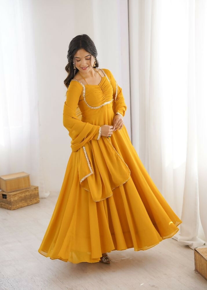 Teeya Creation Yellow Faux Georgette Designer Party Wear Long Gown - Distacart