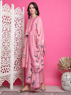 Jyoti Fashion Women's Pink Muslin Floral Print with Jari & Crystal work Kurta with Trouser & Dupatta