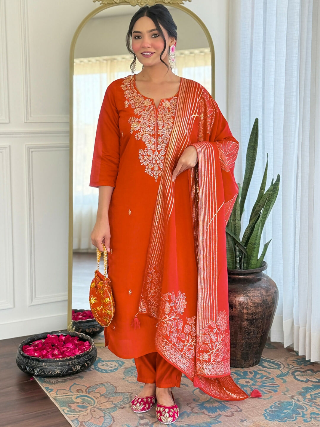 The52 Rust Women's Gorgeous Roman Silk Fabric Straight Kurta, Pant and Dupatta Set - Distacart