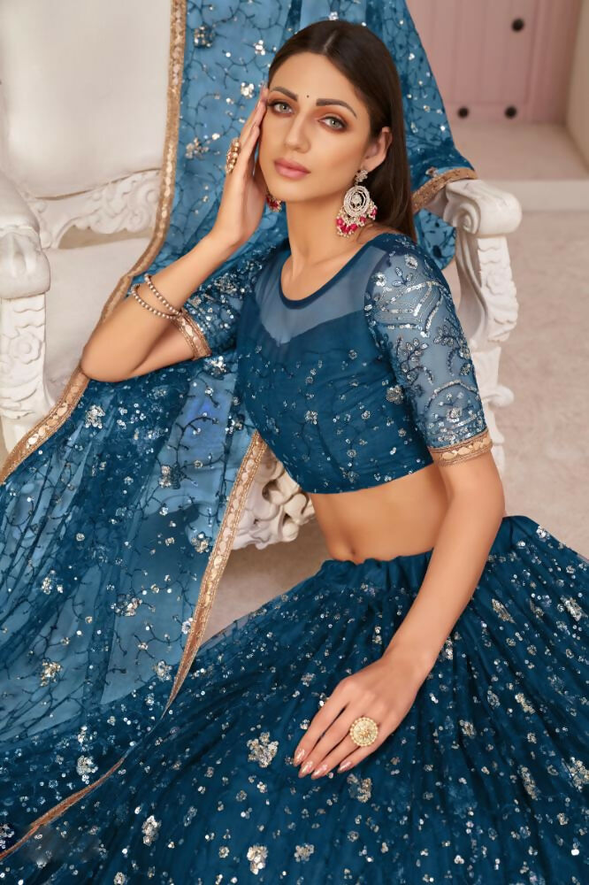 Aastha Fashion More Peach Butterfly Net All Over Thread Work, Zari Work And Sandwich Sequence Work Embroidery Wedding Wear Lehenga Choli