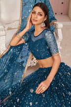 Aastha Fashion More Peach Butterfly Net All Over Thread Work, Zari Work And Sandwich Sequence Work Embroidery Wedding Wear Lehenga Choli