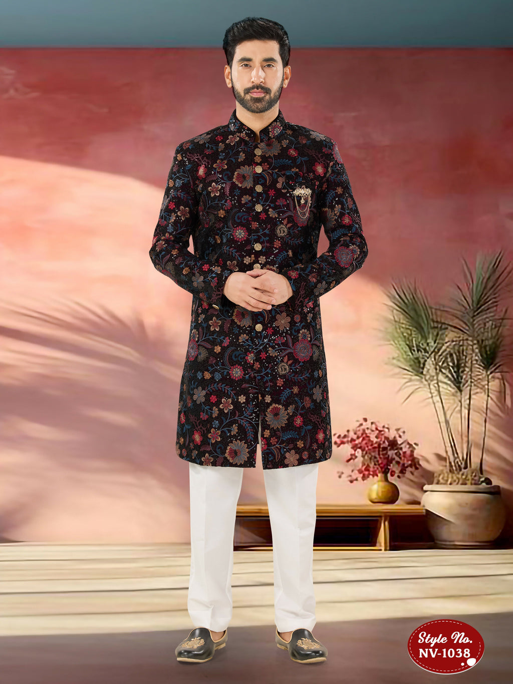 Joban Fashion Men's Wine Base Multi-Colour Straight Velvet Heavy Thread And Sequence Embroidary All Over Indo-Western Kurta Set