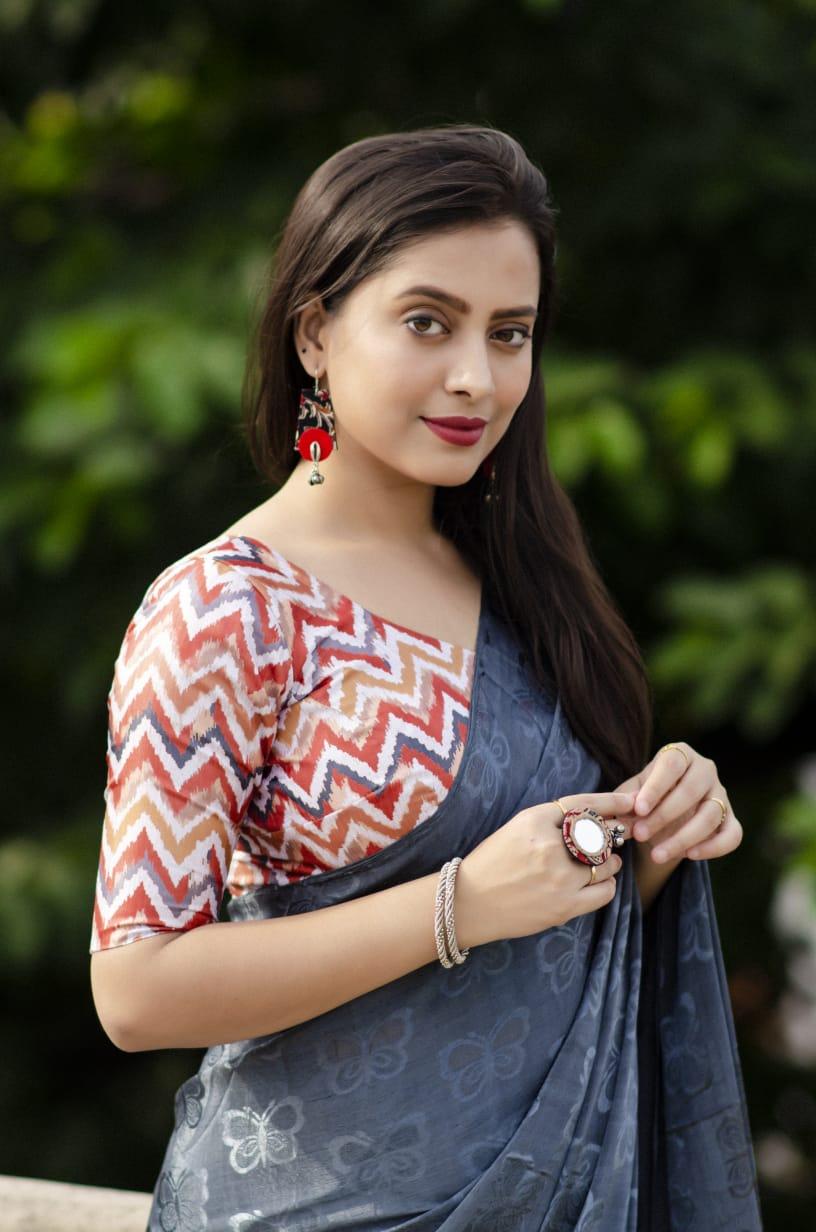 Grey Silk Blend Ethnic Motifs Saree with Unstitched Blouse - A2M
