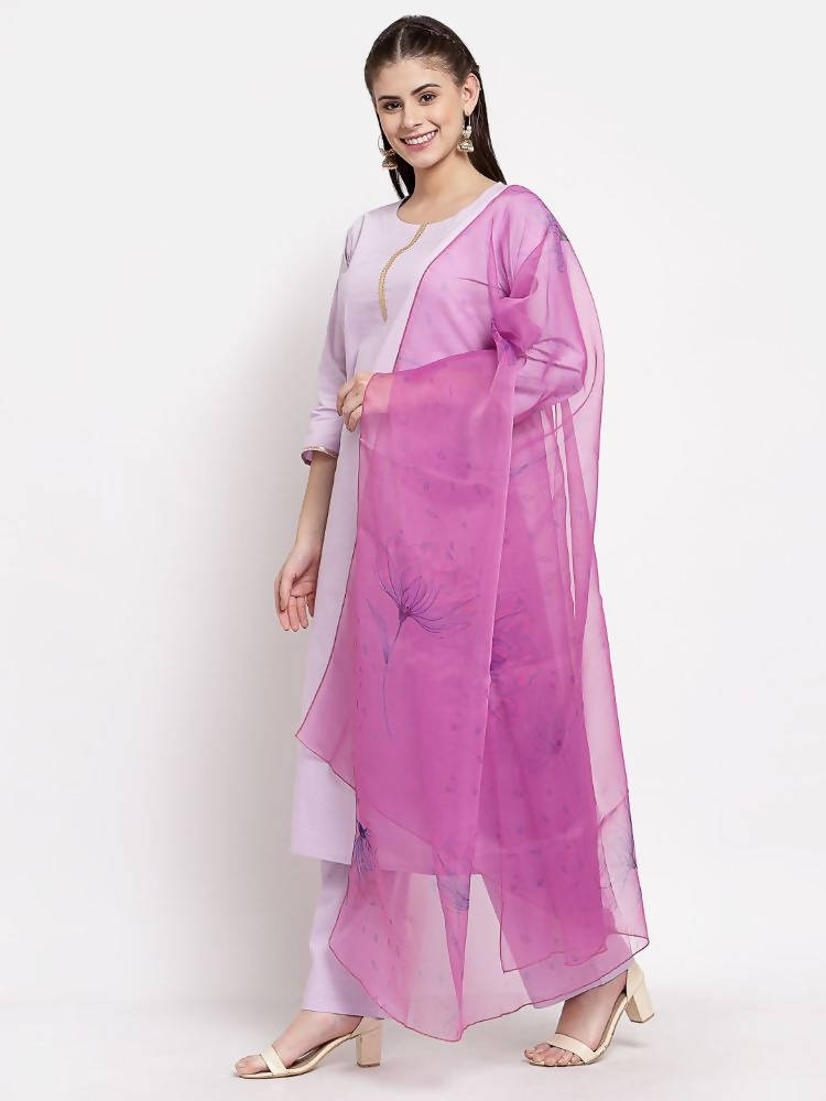 Myshka Women's Light Purple Cotton Solid 3/4 Sleeve Round Neck Casual Kurta Pant Dupatta Set