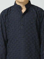 Joban Fashion Kids Island Full Sleeves Texture Cotton Kurta and Pyjama Set - Navy Blue