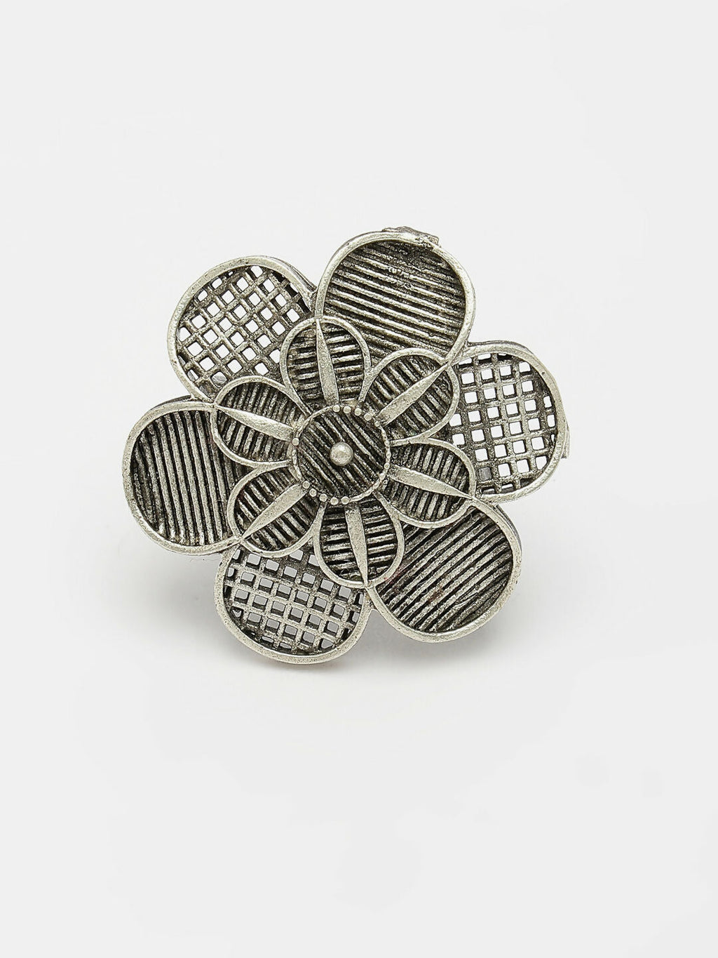 NVR Women's Silver-Toned Floral Shape Adjustable Finger Ring