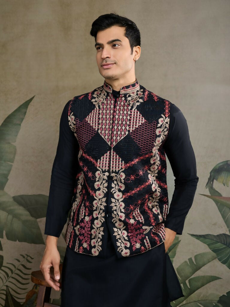 Vastranavya Black Exclusive Festival Viscose Silk Thread & Swarovski Embroidered Work Mens Wear Kurta & Koti