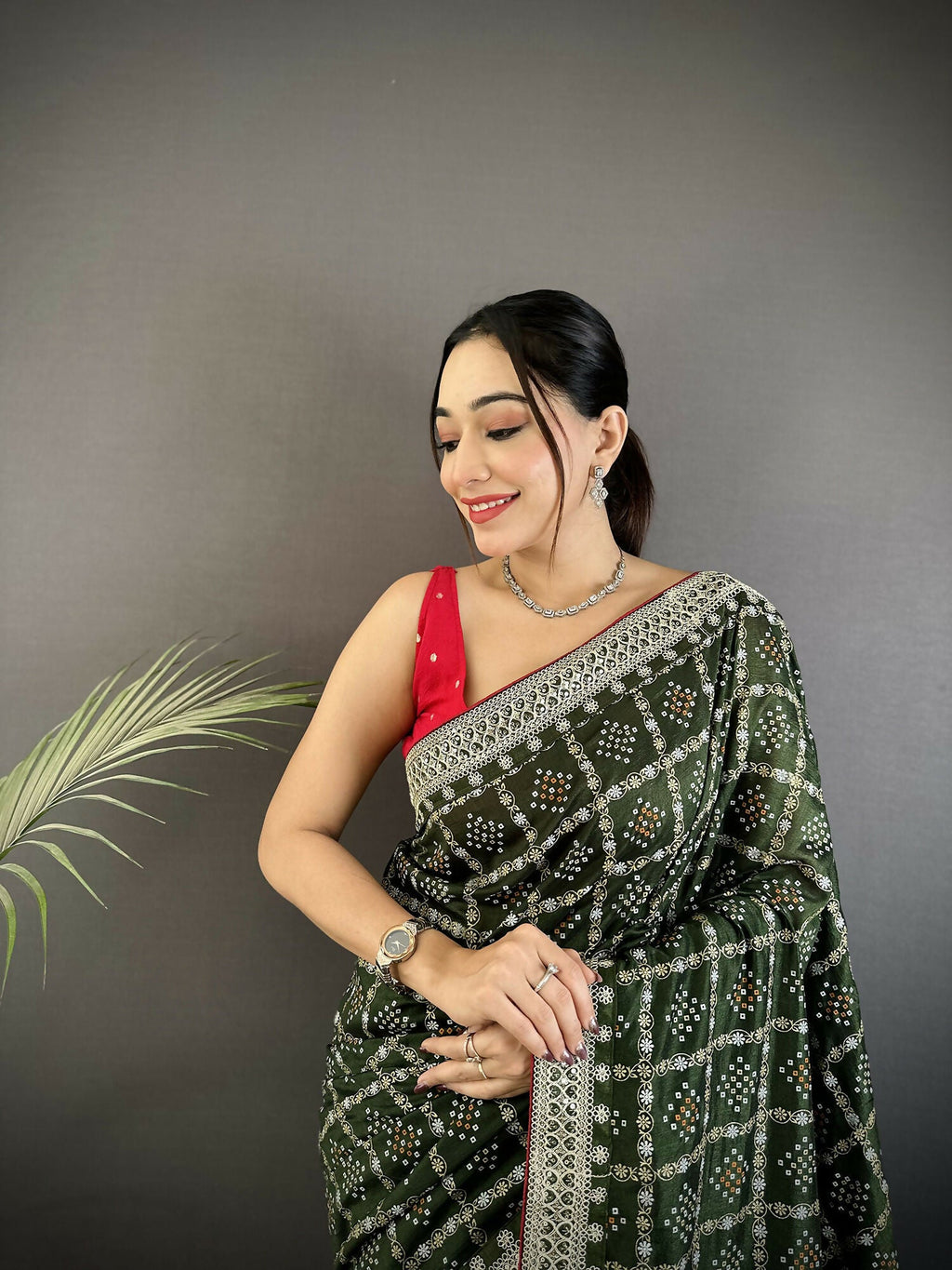 Joban Fashion Dark Green Bandhej Bandhani Vichitra Silk Bandhani Prints Saree - Distacart