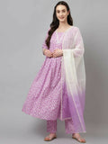 FIORRA Women's Lavender Lurex Cotton Flared Kurta Pant With Dupatta