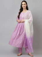 FIORRA Women's Lavender Lurex Cotton Flared Kurta Pant With Dupatta