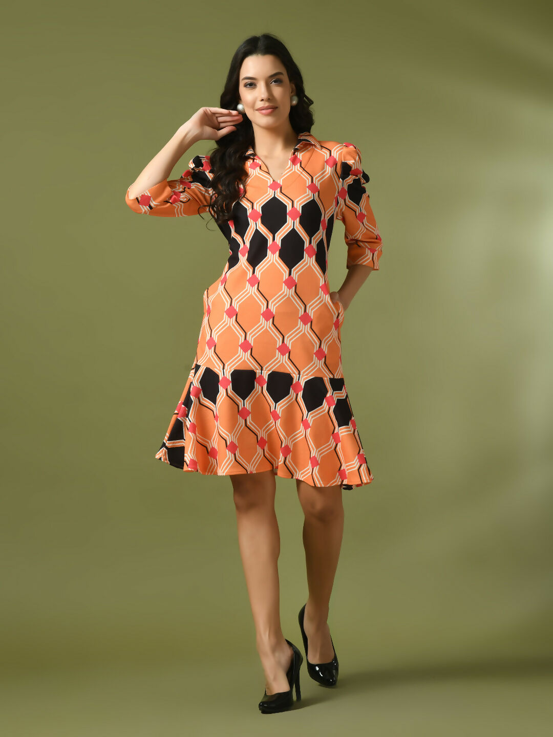 Myshka Women's Multi Printed Shirt Collar Fit and Flare Party Dress - Distacart