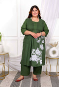 Miravan Women's Plus Size Mehandi Pintucks Cotton Floral Straight Kurta and Palazzo