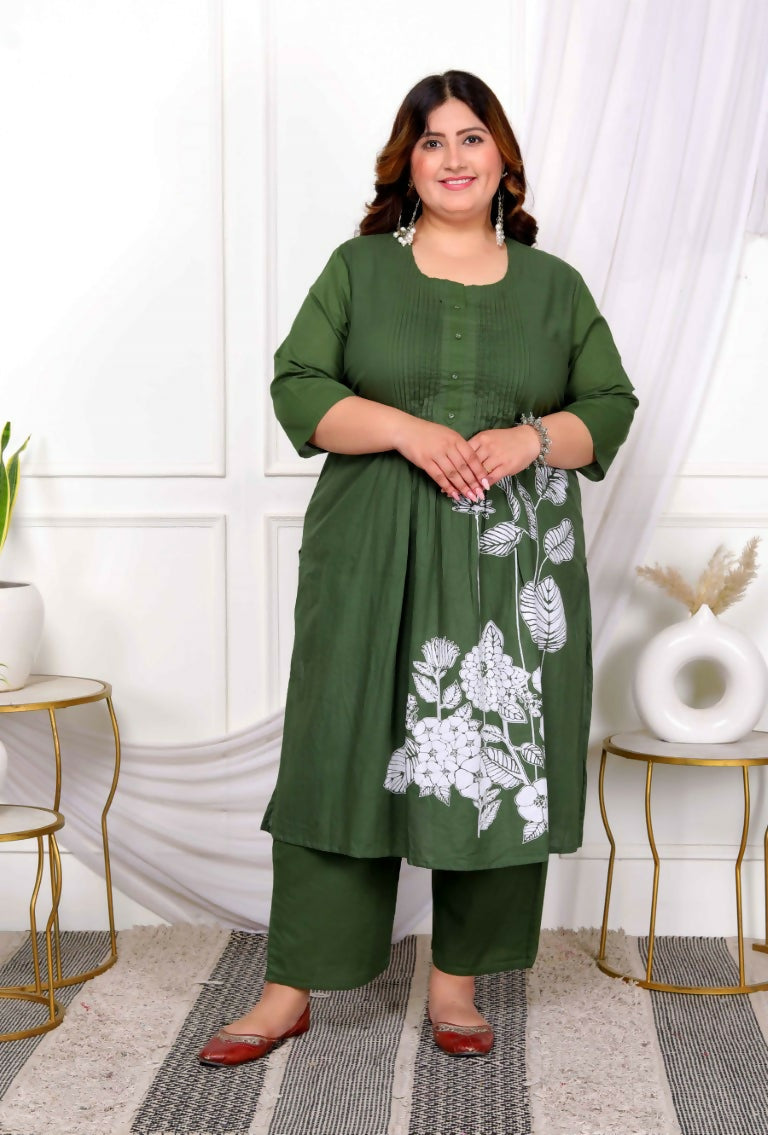 Miravan Women's Plus Size Mehandi Pintucks Cotton Floral Straight Kurta and Palazzo