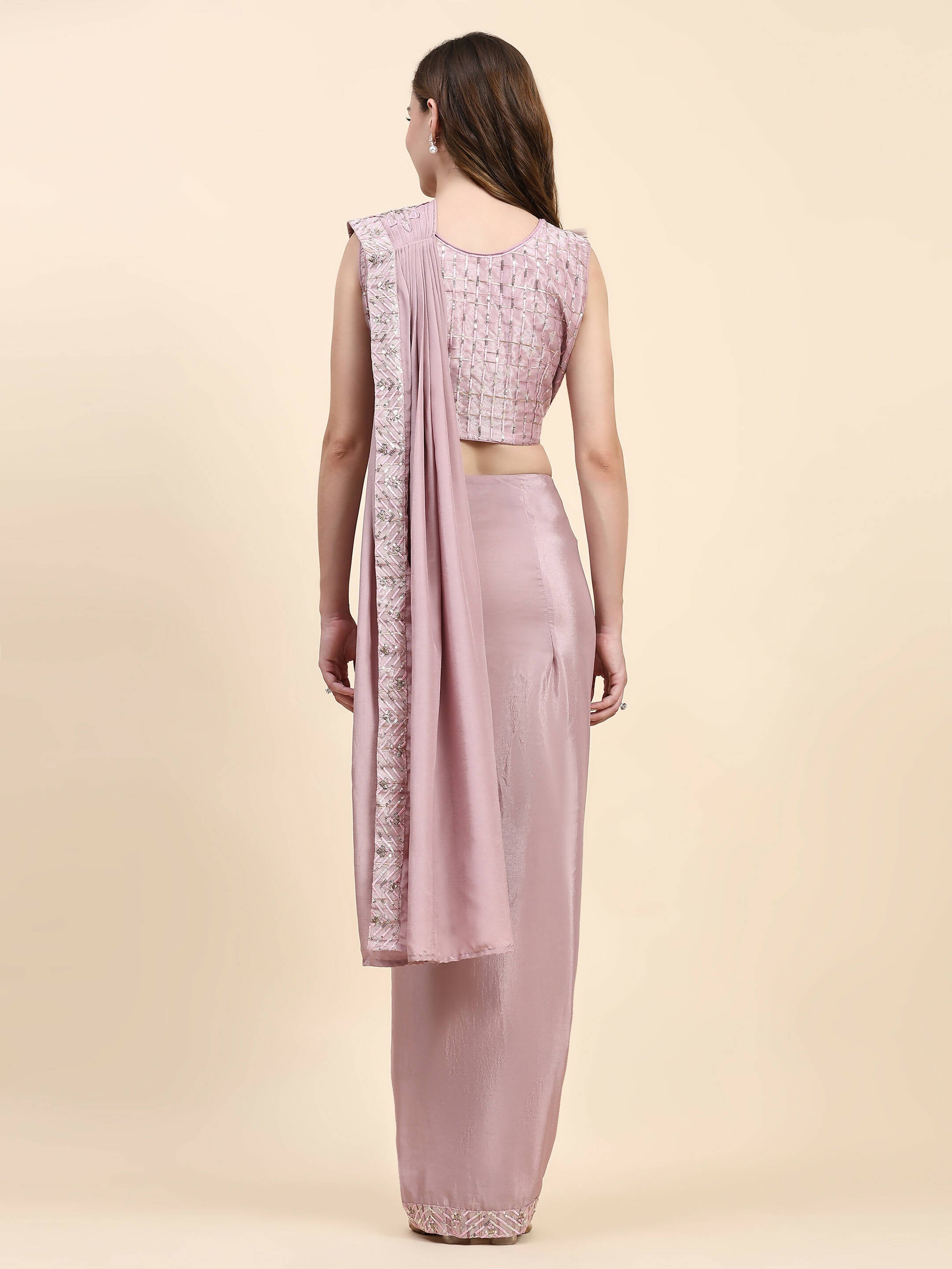 Pink Silk Satin Solid Ready to wear Saree with stitched Blouse - Satiksha