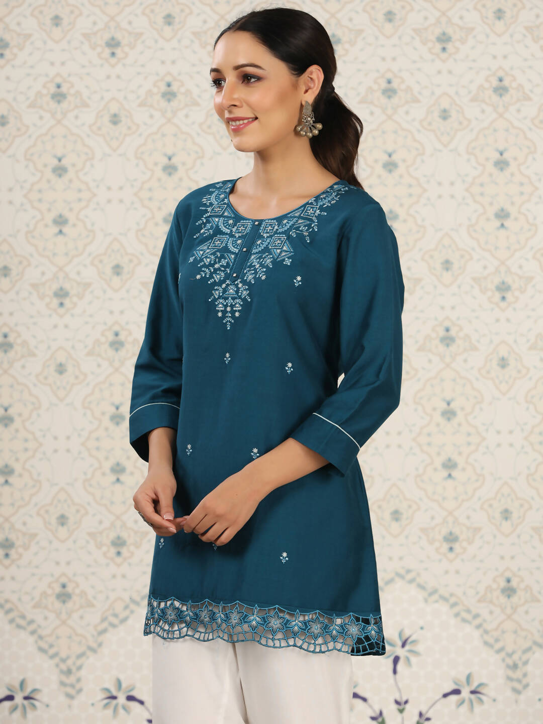 Teal Chinon Embroidered Straight Top - Zeny