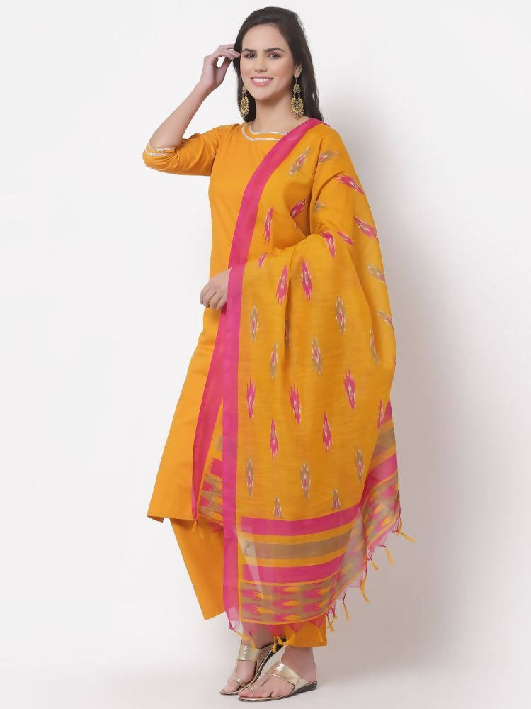 Myshka Women's Cotton 3/4 Sleeve Round Neck Casual Kurta Pant Dupatta Set