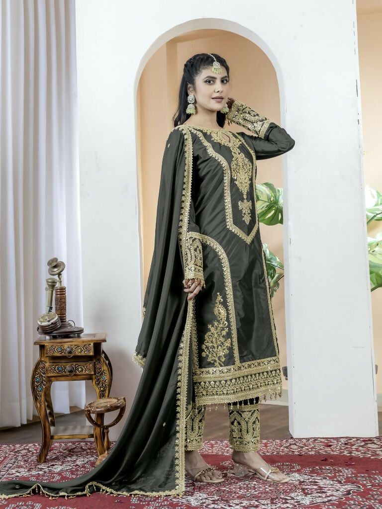 Teeya Creation Black Color Chinnon Silk Embroidery Work Fully Stitched Salwar Suit - Distacart