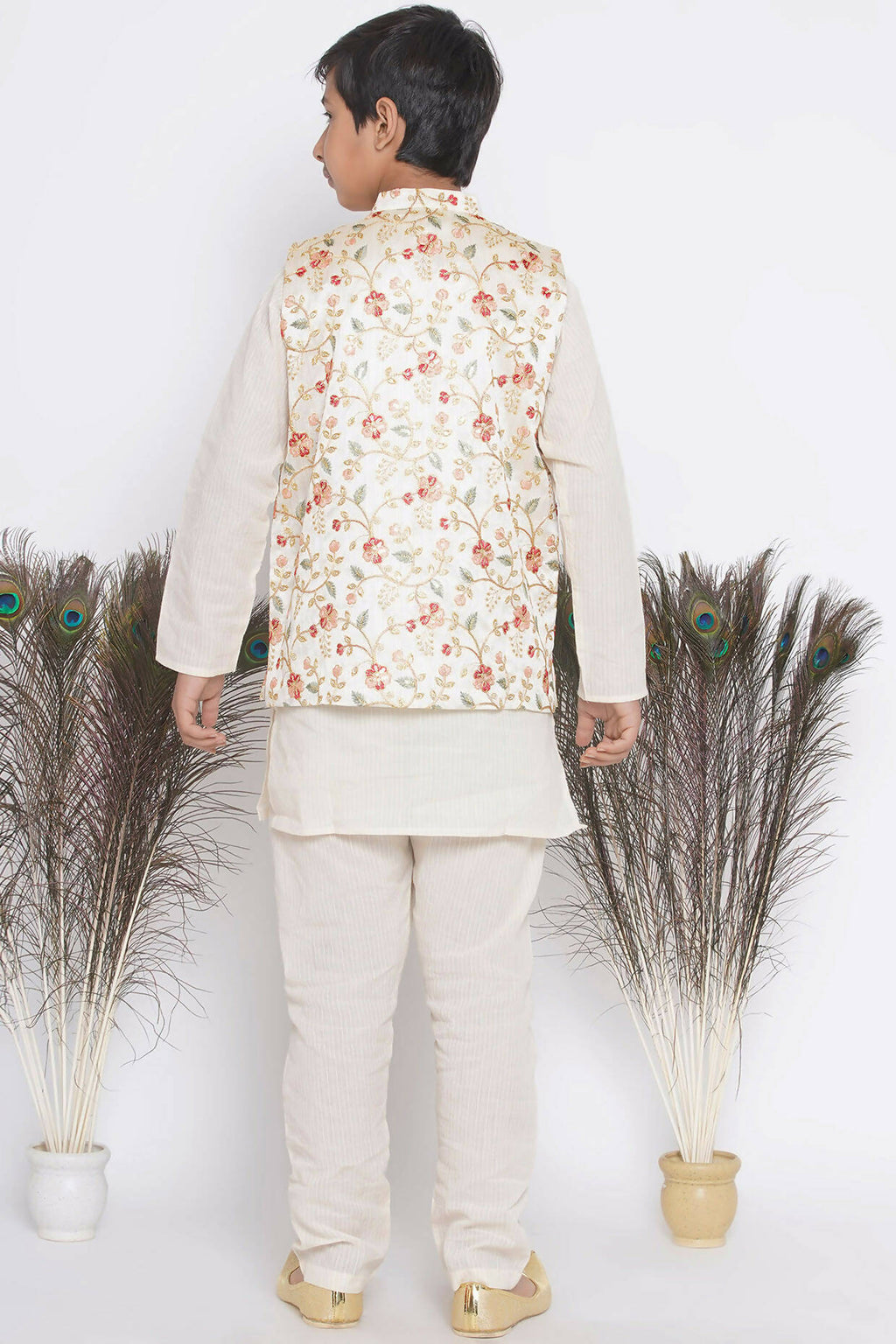 Little Bansi Banarsi Floral Embroidery Jacket with Cotton Kantha kurta and Kantha Pyjama - Cream