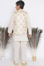 Little Bansi Banarsi Floral Embroidery Jacket with Cotton Kantha kurta and Kantha Pyjama - Cream