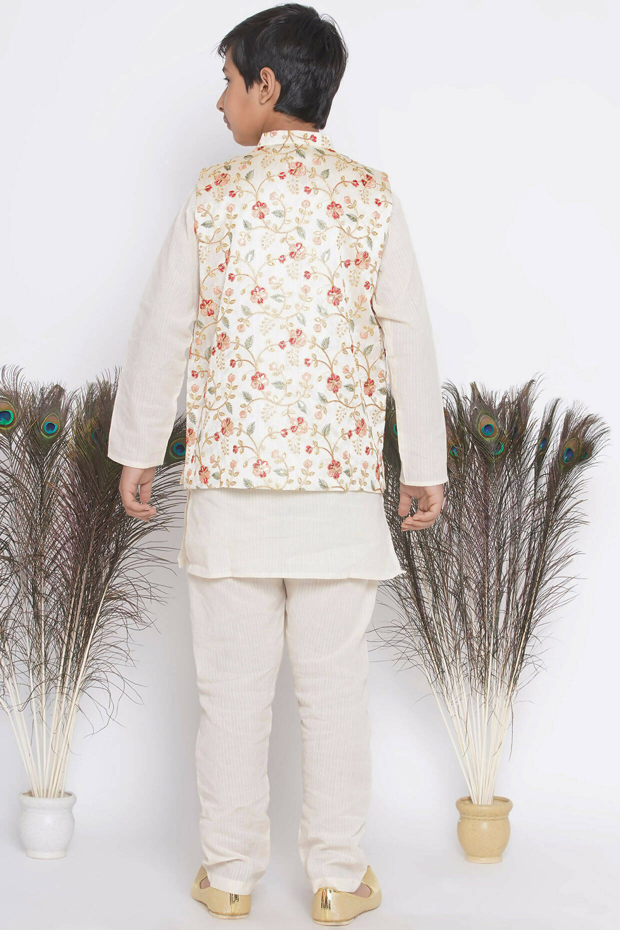 Little Bansi Banarsi Floral Embroidery Jacket with Cotton Kantha kurta and Kantha Pyjama - Cream