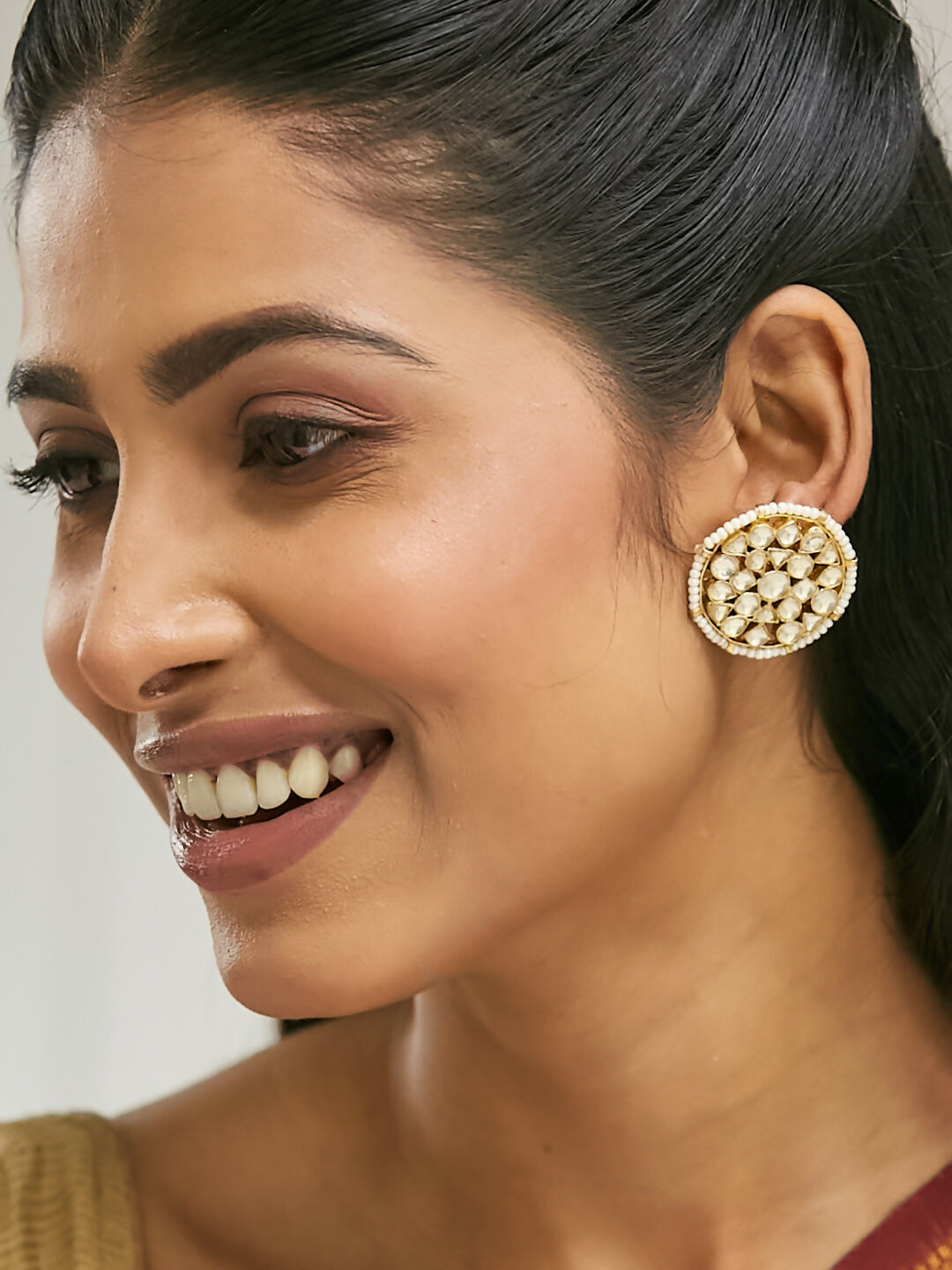 Nuyug 22K Gold-Plated Elegant Kundan Stone Studded & Pearl Beaded Disc Studs - Distacart