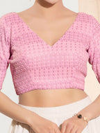 Joban Fashion Baby Pink Crochet Padded Blouse With V Neck Elbow Sleeves - Distacart